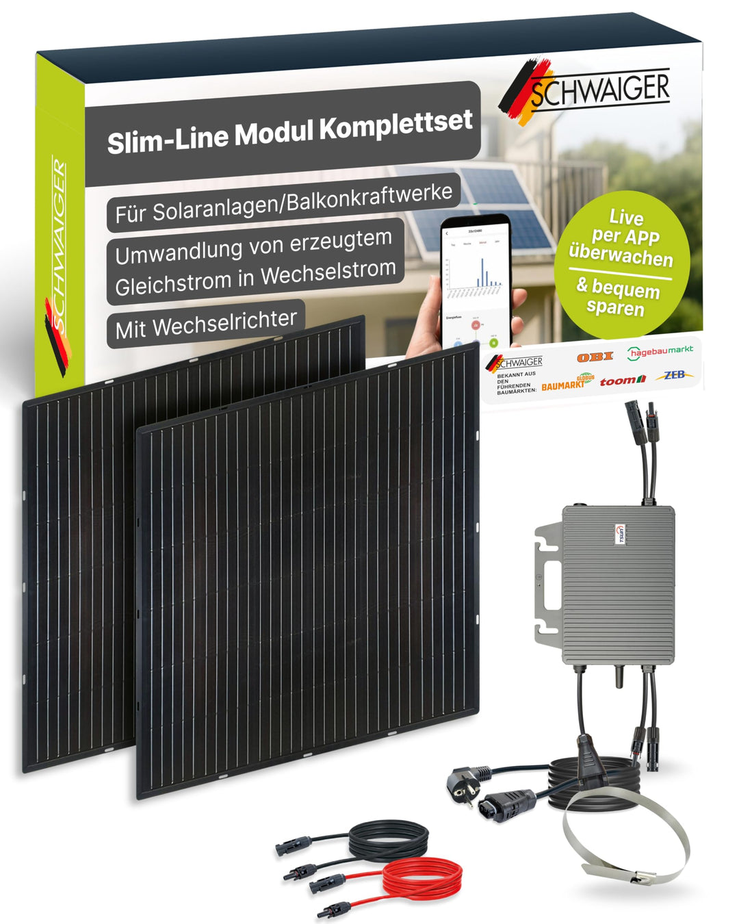Slim-Line Modul 2er Set mit Wechselrichter Balkonkraftwerk Komplettset PV-Anlage Solaranlage, 2er Se
