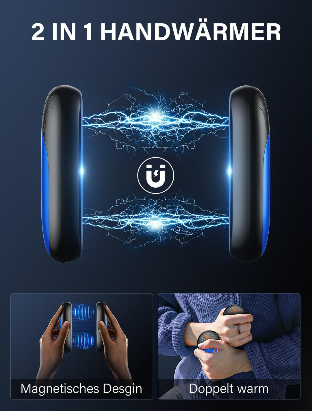 Handwärmer Elektrisch 2 Pack, Ultraleicht Taschenwärmer Wiederaufladbar, Tragbare Heizung 8000mAh, 3