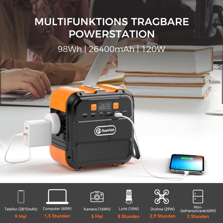 FlashFish Powerstation 98Wh 120W Solargenerator Akku mit 230V AC | Tragbare Solar generator mit Typ-