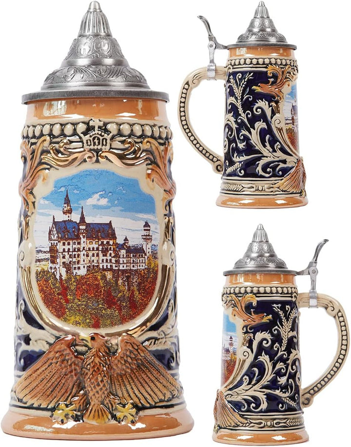 NENBOLEC Bierkrug mit Zinndeckel Bierseidel Steinkrug Gravur Deutsch Schloss Beer Stein 0.7L