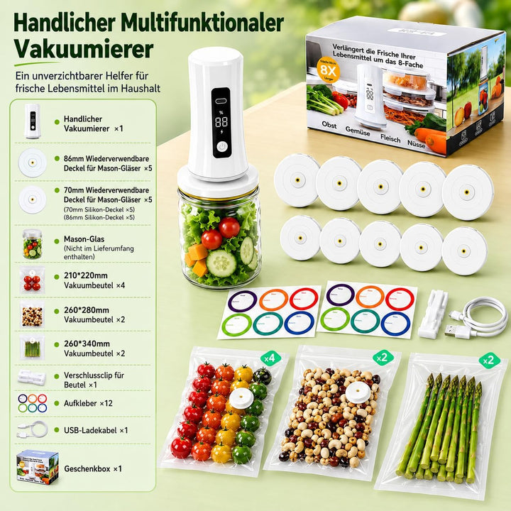Vakuumierer für Gläser und Beutel, Elektrischer Vakuumierer mit 10 65-100 mm Silikondeckel + 8 wiede