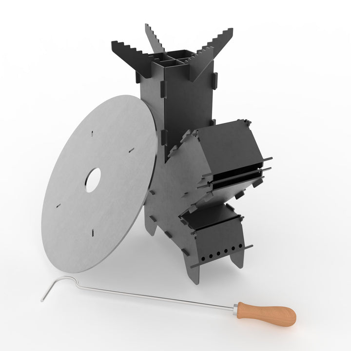 Czaja Raketenofen inkl. Feuerplatte und Schürhaken - Rocket Stove Stecksystem aus massivem 3 mm dick