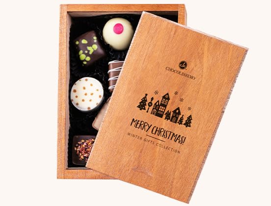 CHOCOLISSIMO Schokolade Geschenk - 10 handgemachte Pralinen in einer schicken Holzbox - Weihnachtssc