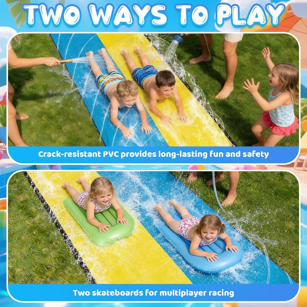Wasserrutsche Garten für Kinder, 15.7ft/480cm Wasserrutschbahn mit 2 Bodyboards, Doppelte Rutschbahn