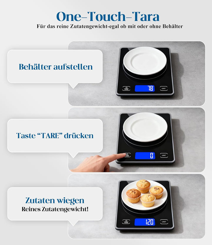 Küchenwaage Digital mit 15 kg Tragkraft, 5 Einheiten in g/ml/fl'oz, Präzise Waage Küche mit Grossem