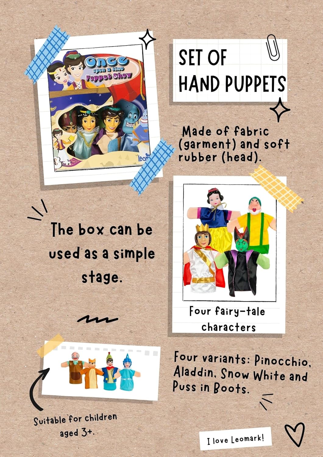 Leomark Grosse Handpuppen Set für Kinder - Prinzessin Schneewittchen - Bunte Puppen zum Spielen im T
