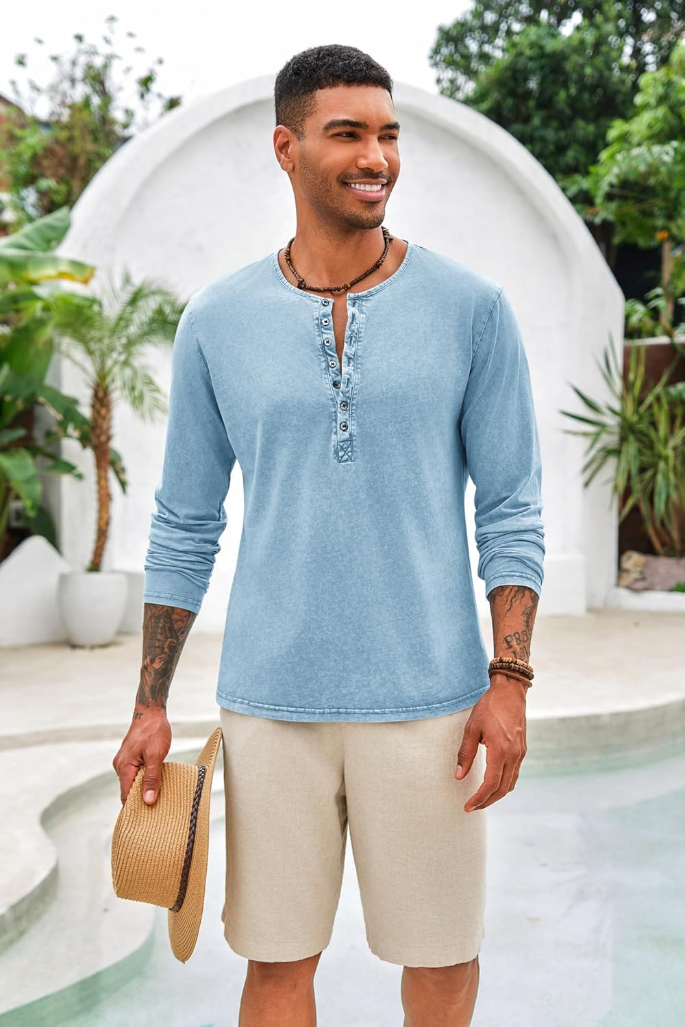 Hemd Herren Langarm/Kurzarm Henley Shirt Männer Freizeithemd Vintage Casual Leicht Baumwolle Slim Fi