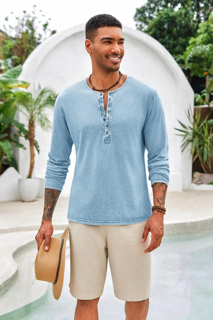 Hemd Herren Langarm/Kurzarm Henley Shirt Männer Freizeithemd Vintage Casual Leicht Baumwolle Slim Fi