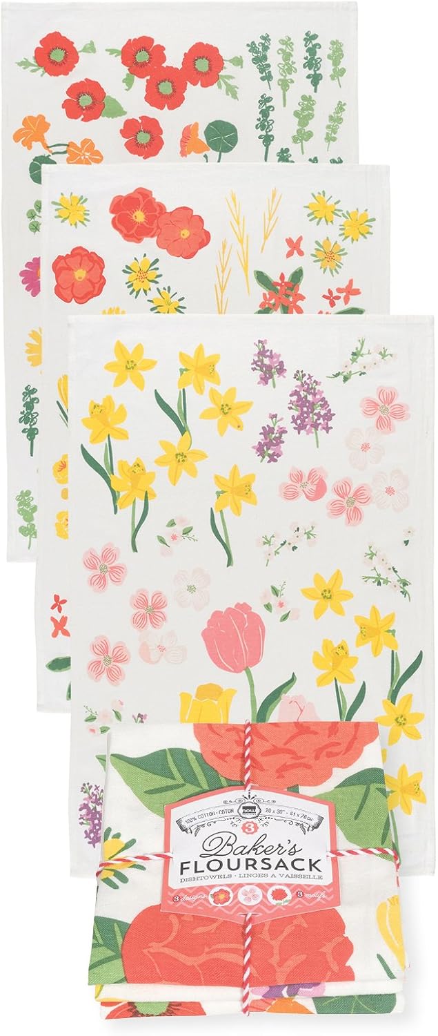 Now Designs Floursack Küchentücher, schnell trocknend, Baumwolle, Handtuch-Set, 3 Stück, Blumen des