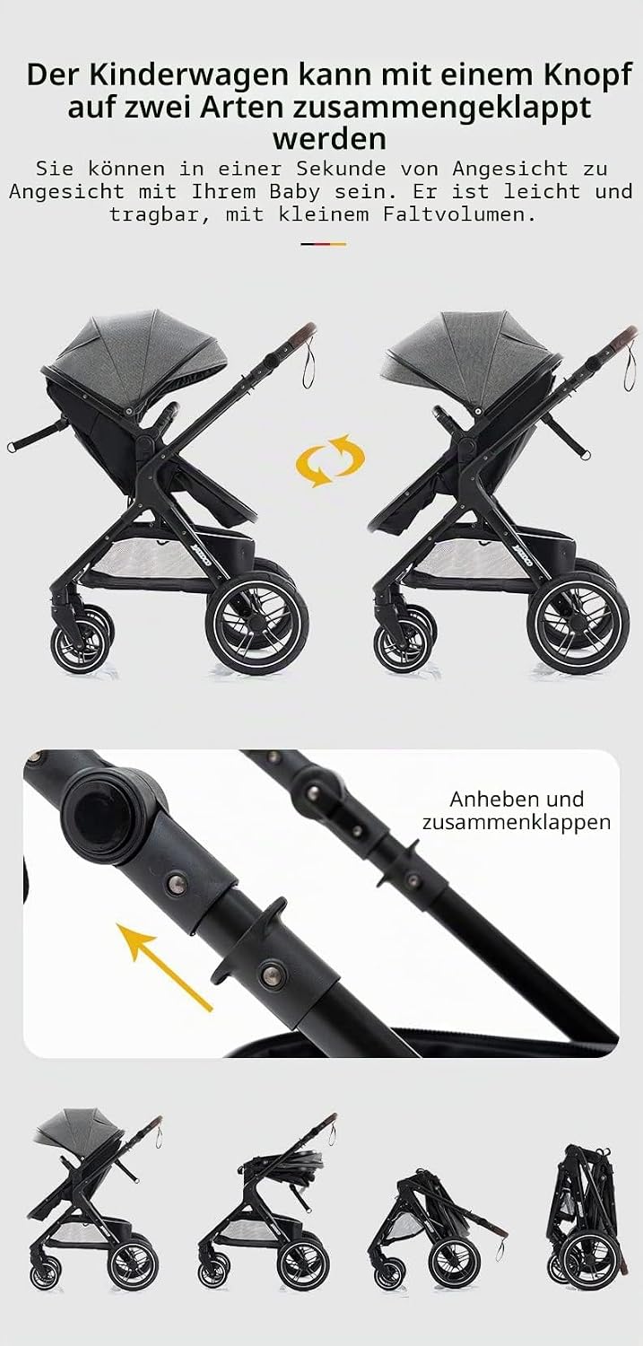 YAZOCO Kompakter 3 in 1Kinderwagen Anstout Terrain Luxus Hohe Landschaft Vierfacher Kinderwagen 0-36
