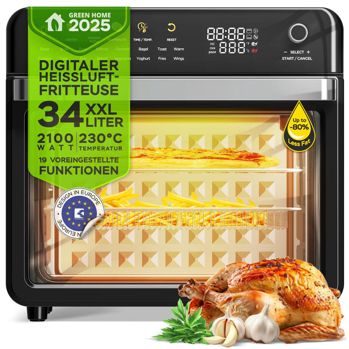 TurboTronic Multi-Smart-Ofen - 19in1 Heissluftofen & Heissluftfritteuse 2100W Power 34L bis 0,5 kg P