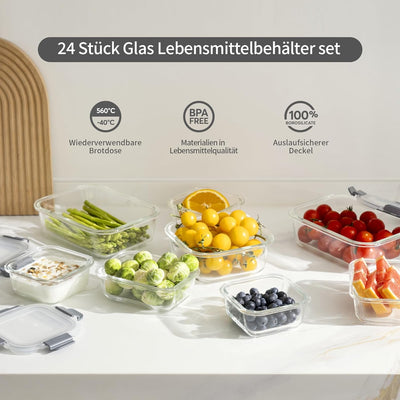GENICOOK 24 Stück Glas Frischhaltedosen mit Deckel Glas Vorratsdosen Set für Lebensmittel,Glas Meal