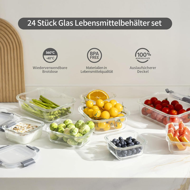 GENICOOK 24 Stück Glas Frischhaltedosen mit Deckel Glas Vorratsdosen Set für Lebensmittel,Glas Meal