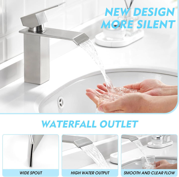 CREA Wasserhahn Bad Wasserfall, Waschtischarmatur mit Ablaufgarnitur, Mischbatterie Bad mit Wasserfa