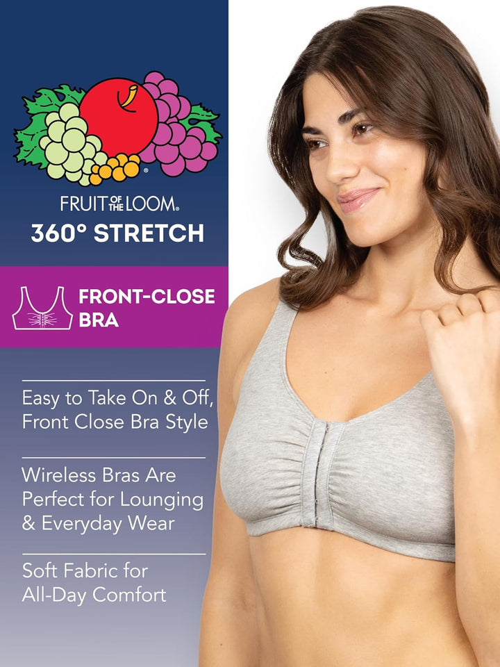 Fruit of the Loom Women's Plus Size Front Close Builtup Sports Bra, Heather Grey/White