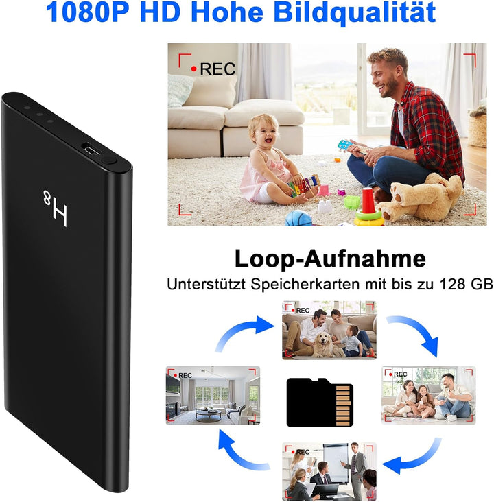 Mini HD 1080P Kamera,Powerbank Kleine Kamera 5000mAh mit Akku 3-in-1-Kabel,Videokamera mit Schwerkra