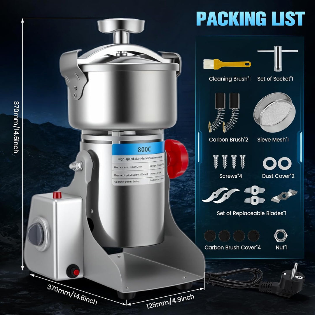 Tragbare Getreidemühle, Elektrische Edelstahl Gewürzmühle, 3500W – 304 Edelstahl, 800g Kapazität, Ho