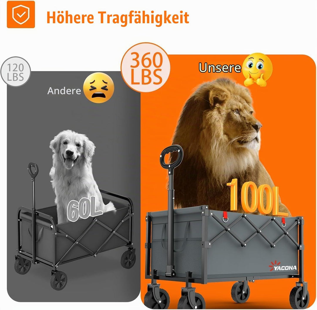 Bollerwagen Faltbar mit 4 verstärkten Rollen, Faltbarer Klappbarer Handwagen mit Griff, Bollerwagen