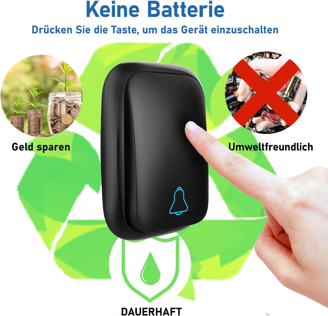 Batterielose Funkklingel Aussen Wasserdicht mit 2 Empfängern, IP68 Wasserdicht Türklingel Funk, 150m