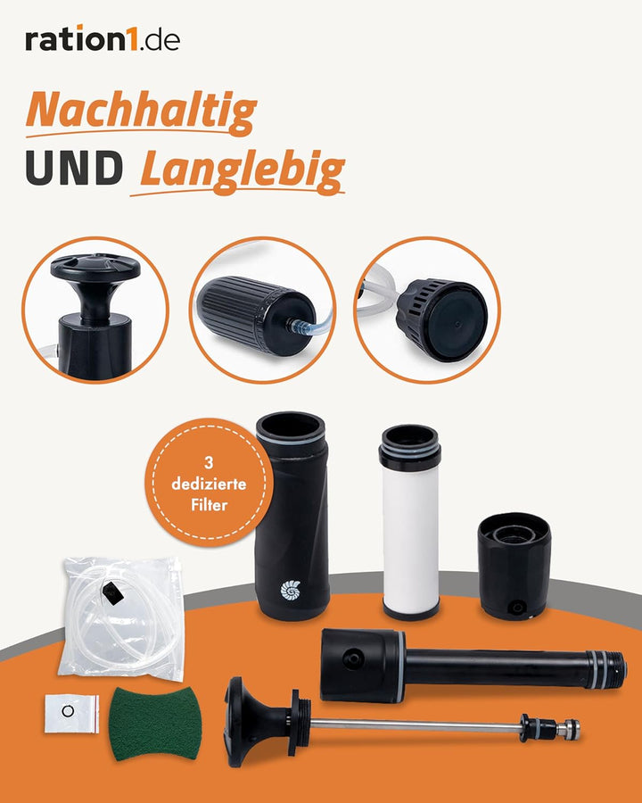 ration1 Wasserfilter mit hoher Durchflussrate von 1,1 Liter pro Minute. Der Pumpfilter entfernt 99,9