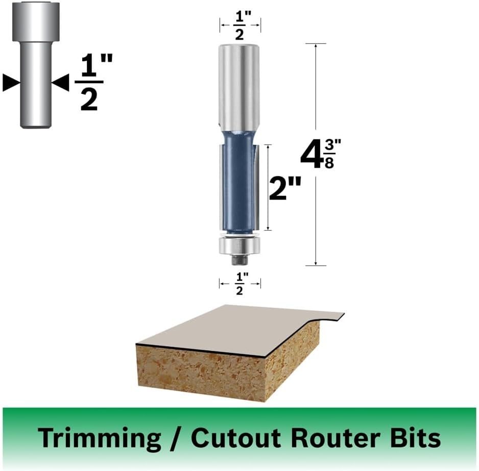 BOSCH 85442M 1/2 Zoll x 2 Zoll Hartmetallbestückte 2-Nut-Bündigfräsen-Bit