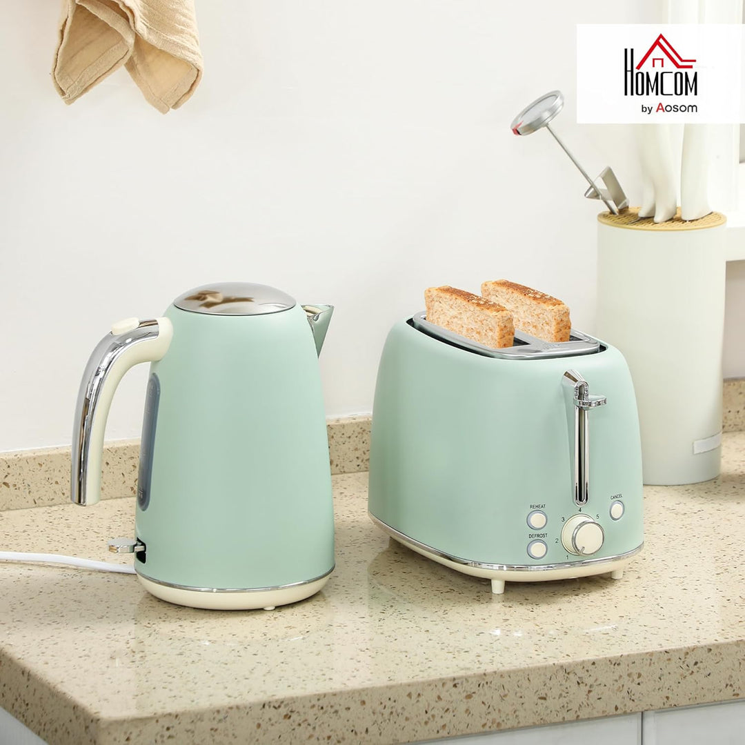 HOMCOM Edelstahl Wasserkocher und Toaster Set 2200 W und 1,7 L, 2-Scheiben-Toaster, 7 Bräunungsstufe