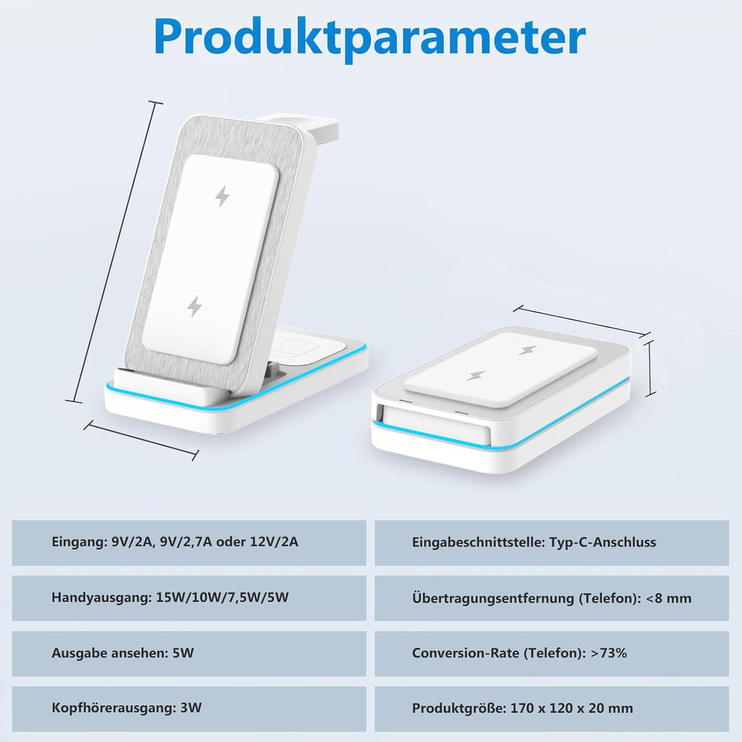 JOEAIS 3-in-1 Induktive Ladestation, Wireless Charger für Apple-Geräte mit Adapter, 15W Max Fast Mul