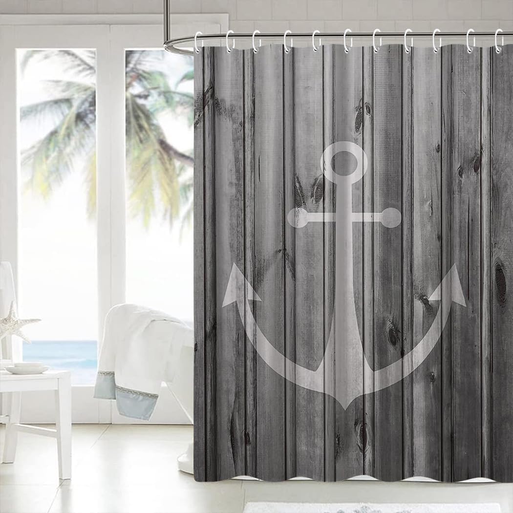 Violetpos Rustikaler Grauer Anker Holz Duschvorhang Badezimmer Dekorative 90 x 180 cm, 90 x 180 cm