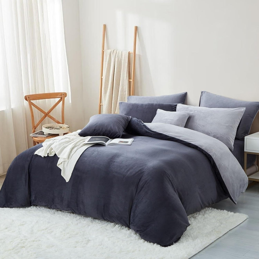 Freyamy Plüsch Bettwäsche Set 135x200 4Teilig Dunkelgrau Grau Samt Biber Cashmere Touch Winterbettwä