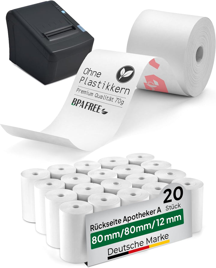 coreless - 50 Thermorollen 80mm x 80mm x 12mm mit Apotheker A ohne Plastikkern - Rolle aus Thermopap