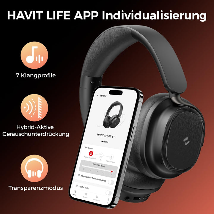 havit SPACE NC01H Hybrid Active Noise Cancelling Kopfhörer, Over Ear Bluetooth Kopfhörer mit 4 Mic E