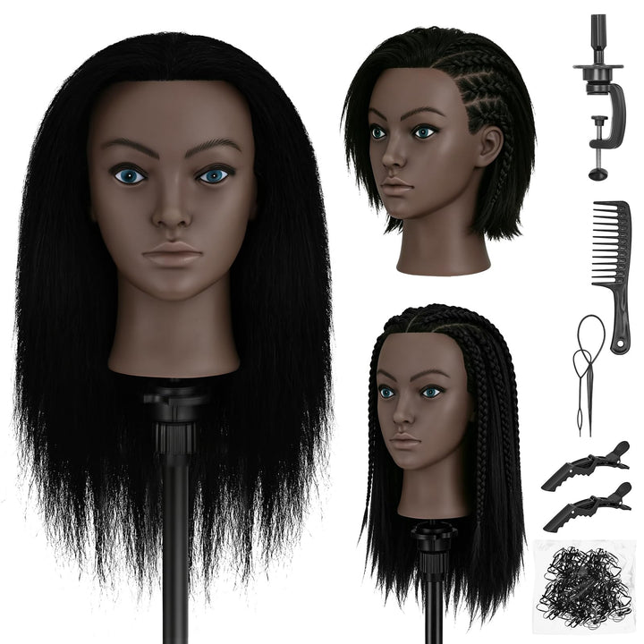 TwoWin 18 Zoll /45 cm Afro Trainingsköpfe für Friseure, Frisierkopf mit 100% Echthaar, Übungskopf Af