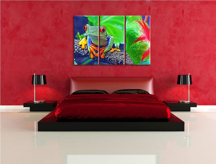 Rotaugenlaubfrosch auf Ast Spezial 3-Teiler Leinwandbild 120x80 Bild auf Leinwand, XXL riesige Bilde