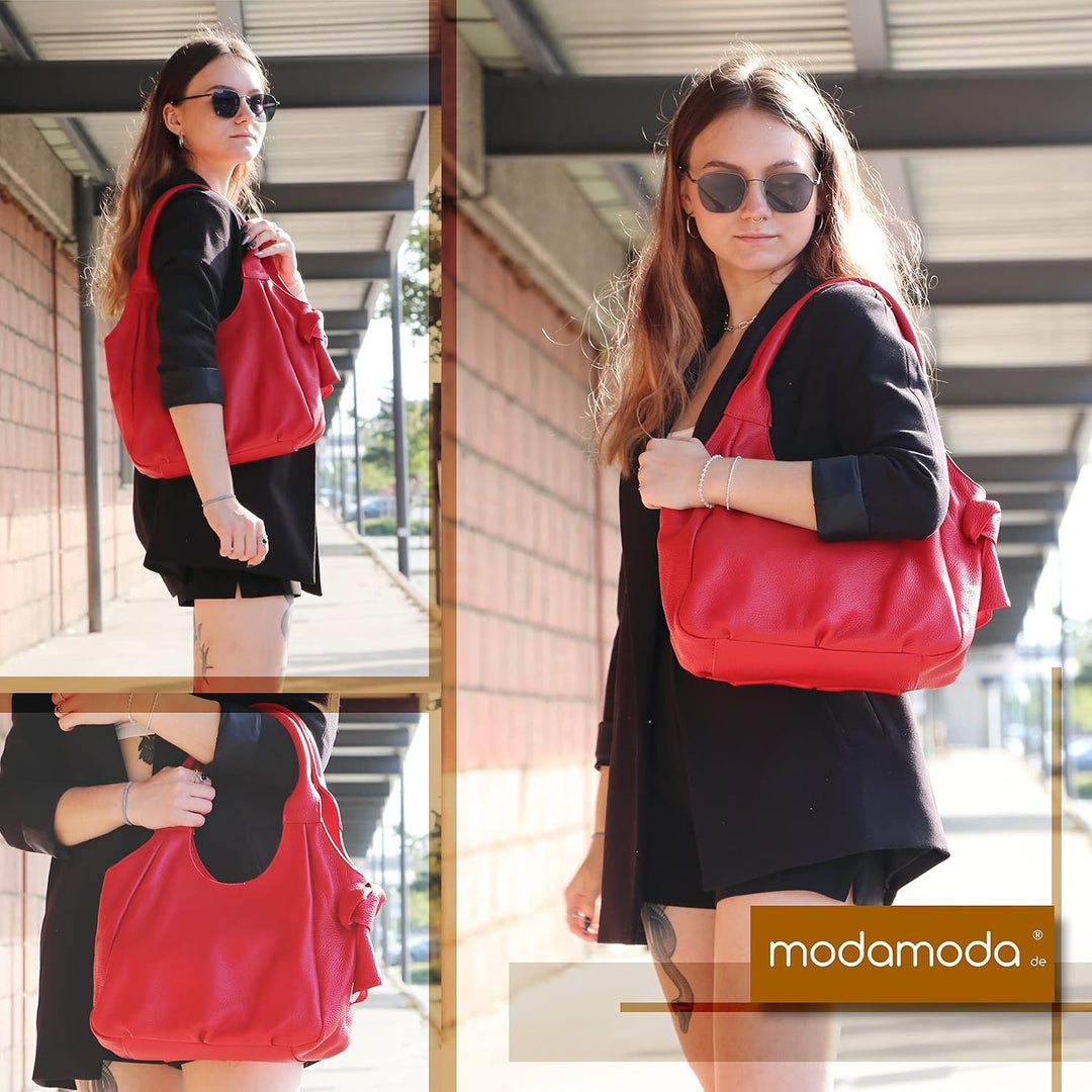 modamoda de - IT28 - ital Damen Schultertasche aus Leder Cognac/Leder, Cognac/Leder