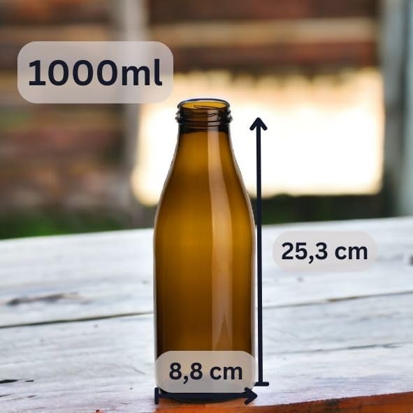 gouveo 20er Set Saftflasche 1000 ml Antik mit Schraubdeckel goldfarben - Braune Glasflasche 1 Liter