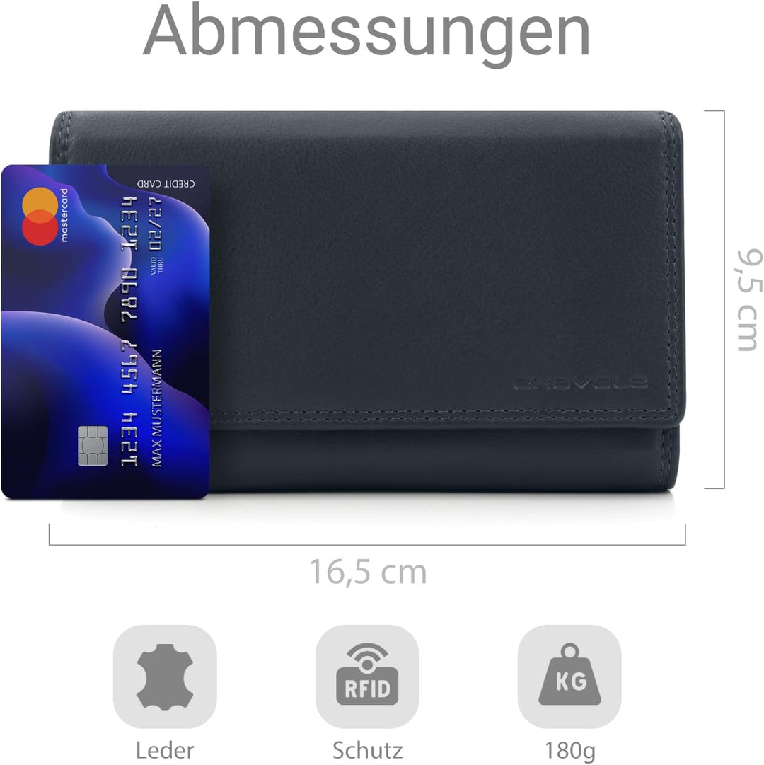 ekavale Damen-geldbörse XXL aus Rindsleder mit RFID Leder-Geldbörse mit vielen Fächern für Frau (Nav