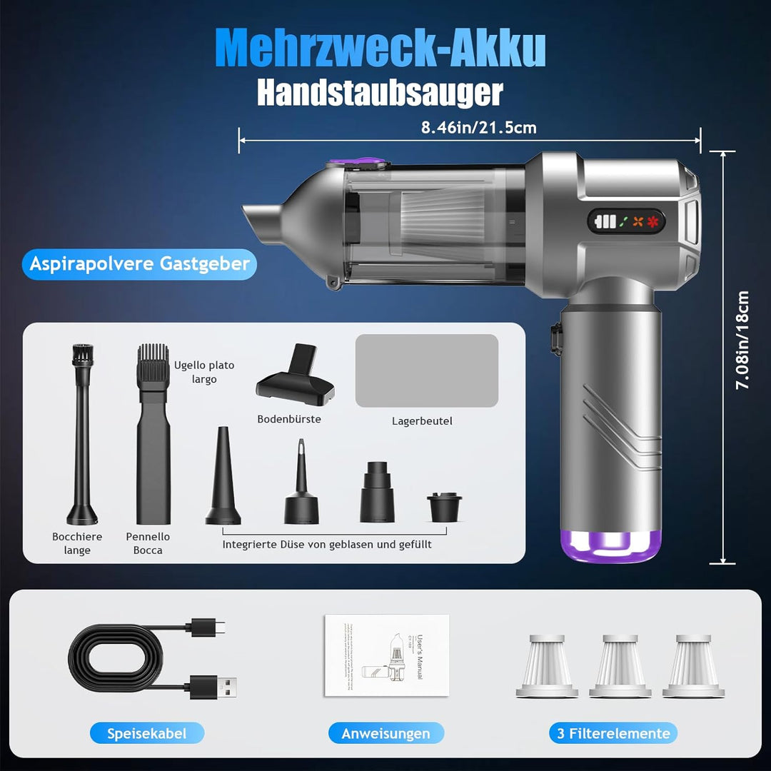 Handstaubsauger Akku, 26000Pa Mini Staubsauger, 6000mAh, 4-in-1 Auto Staubsauger Stark Blasen und Sa