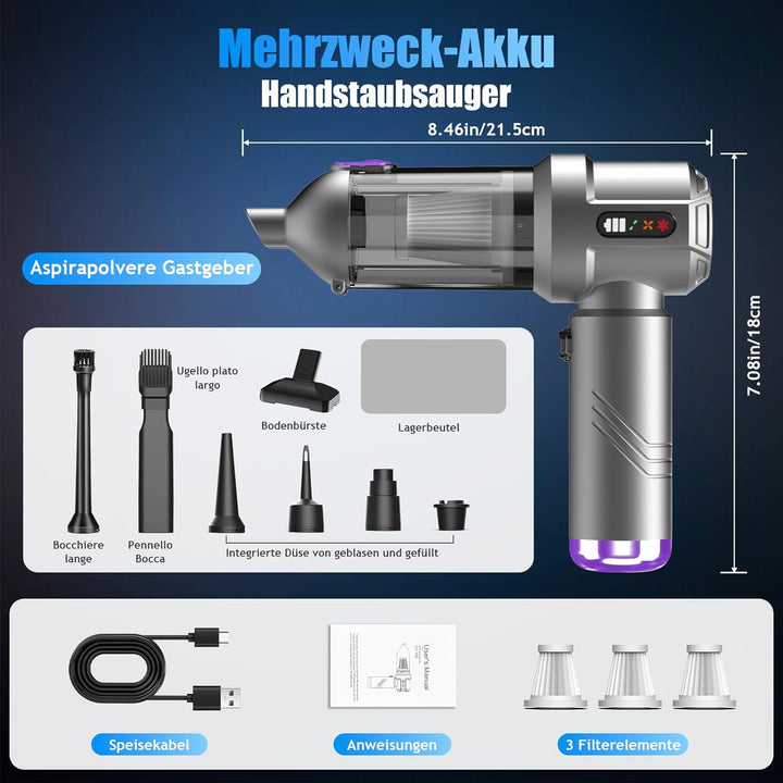 Handstaubsauger Akku, 26000Pa Mini Staubsauger, 6000mAh, 4-in-1 Auto Staubsauger Stark Blasen und Sa