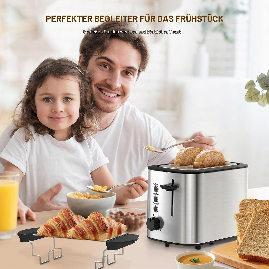 KitchenBoss Edelstahl Toaster 2 Scheiben：Toaster mit 6 Bräunungsstufen | Brötchenaufsatz, Abschaltau