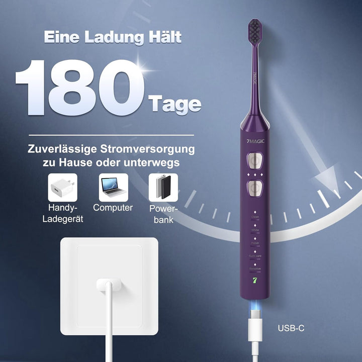 Elektrische Zahnbürste, Schallzahnbürste, Zahnbürste Mit 180 Tagen Akkulaufzeit Und Timer, 3 Intensi