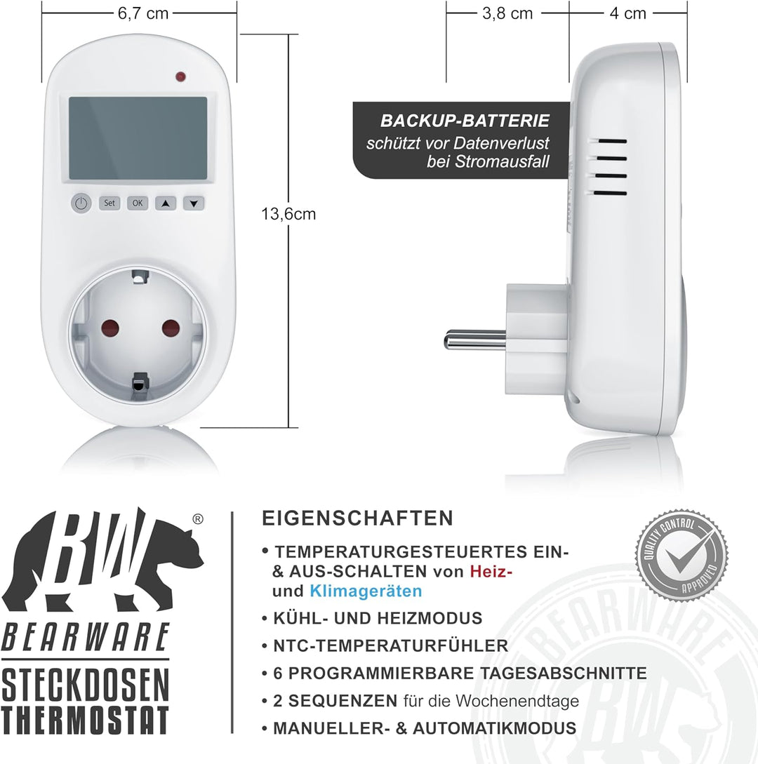 Bearware Steckdosen-Thermostat - Steckerthermostat - Digital Plug In Thermostat - individuell progra