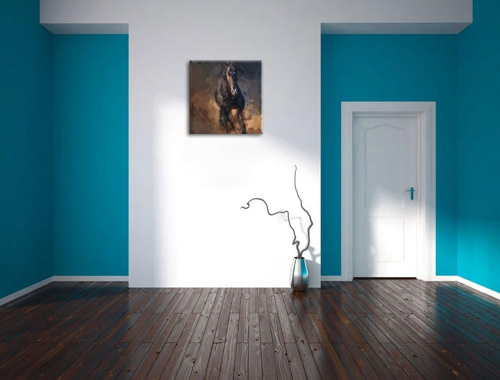 Elegantes schwarzes Pferd Pinsel Effekt, Format: 70x70 auf Leinwand, 70x70