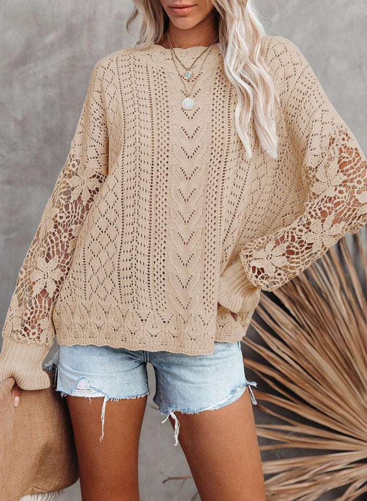 Maavoki Pullover Damen Spitze Strickpullover Lässige Rundhals Lace Langarm Häkelpullover Elegantes E