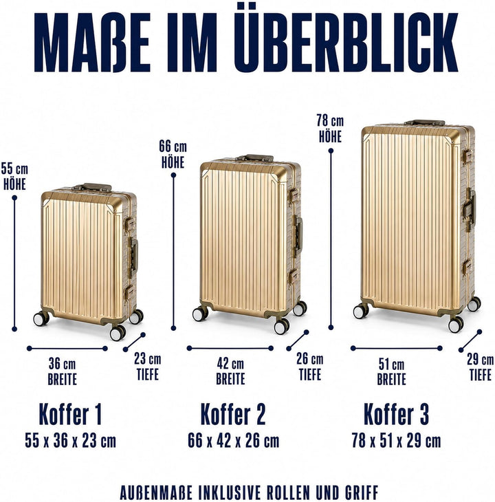 Travelhouse Tokyo Alu Reisekoffer Reise Trolley 3er Set (Champagner, Handgepäck, Mittlerer und Gross