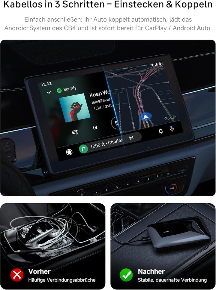 Wireless CarPlay Android Auto Adapter, 2G+16G AI Box CarPlay Für Autos mit Kabel-CarPlay, Integriert