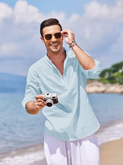 COOFANDY Herren Hemd Langarm Henley Shirt Leinenhemd Baumwolle Casual Regular Fit Sommerhemd Blau M,