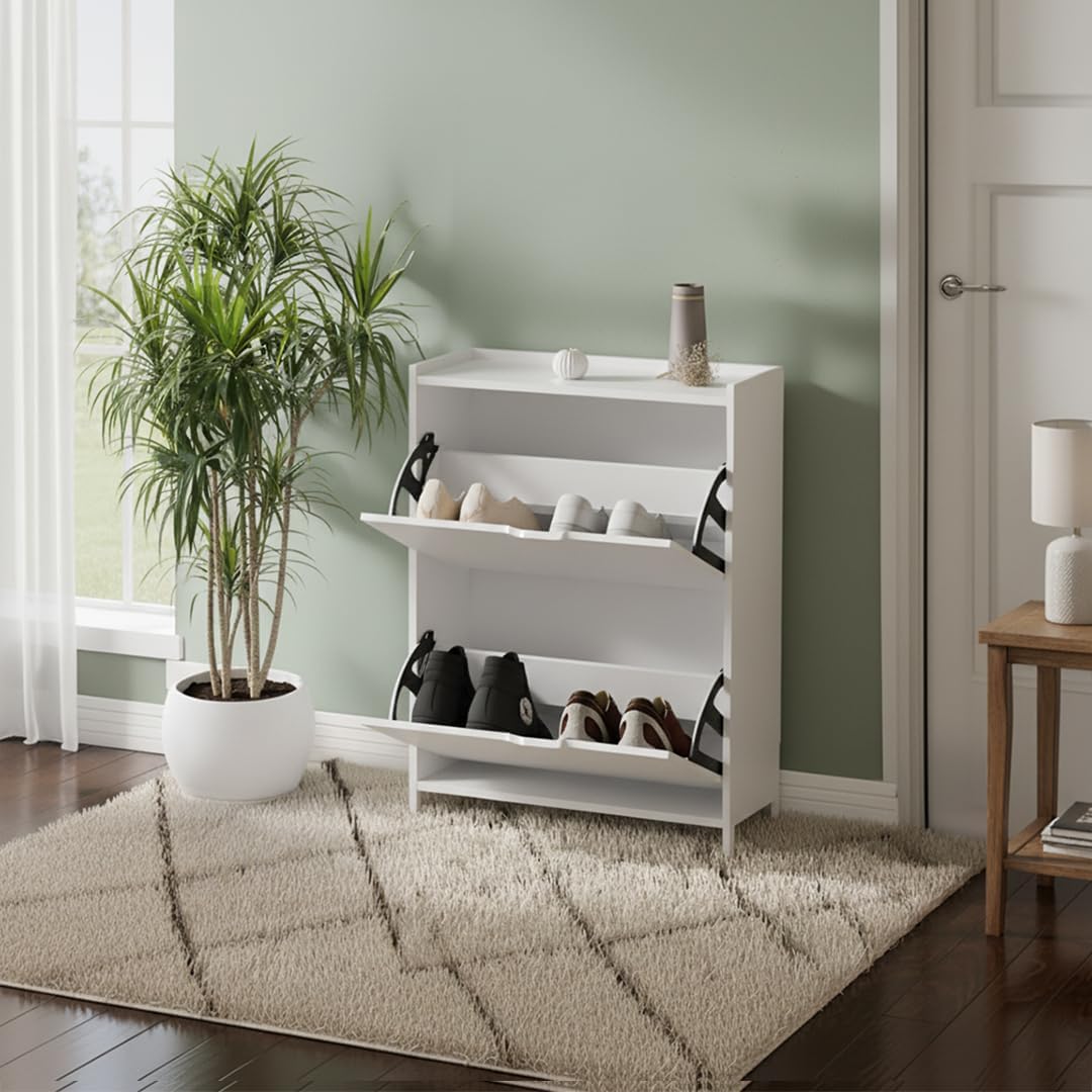 Bellamio Ceyhan Schuhschrank mit 2 Klappen – Schuhkipper weiss aus Holz – Schuhregal schmal 50x19x90