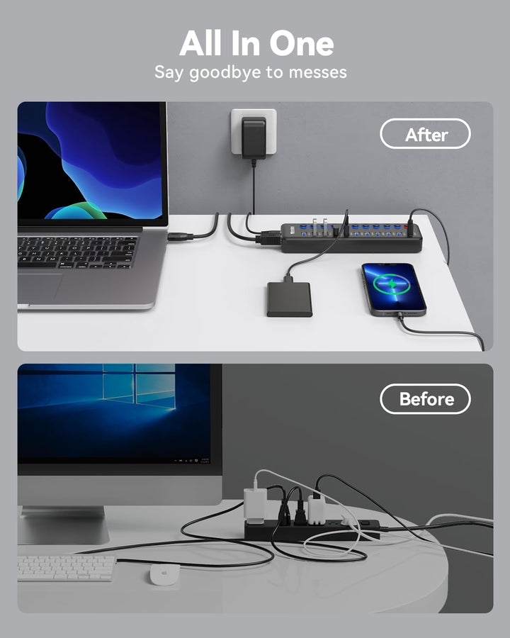 Powered USB Hub, Wenter 11-Port USB Splitter Hub (10 Faster Data Transfer Ports+ 1 Smart Charging Po
