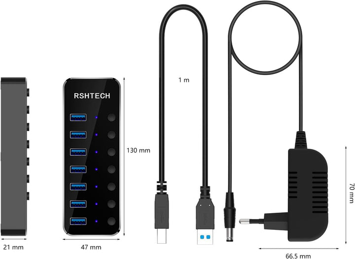 RSHTECH USB Hub Aktiv 3.0 mit Netzteil, Aluminium 7-Ports USB 3.0 Hub, USB 3.0 Port Verteiler für Da