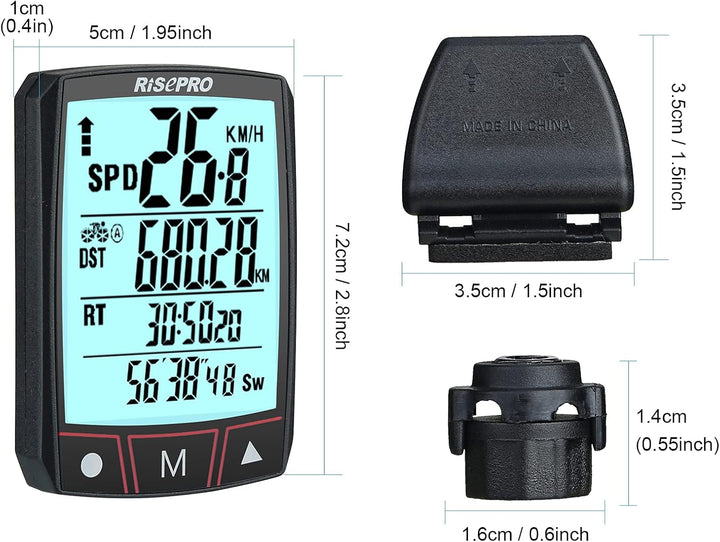 RISEPRO Fahrradcomputer, kabellos, wasserdicht, multifunktional, mit LCD-Display mit Hintergrundbele